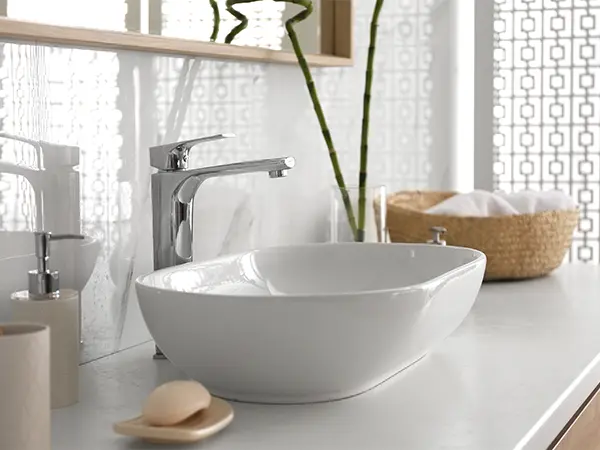Simple vessel sink with a white countertop