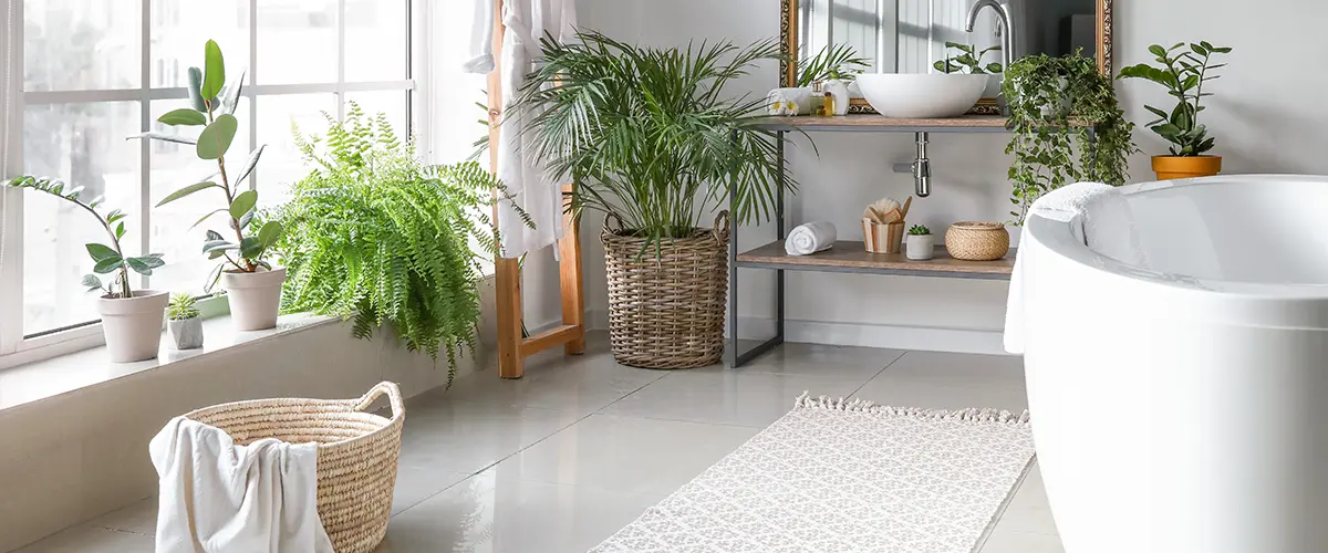 A beautiful bathroom with a lot of plants