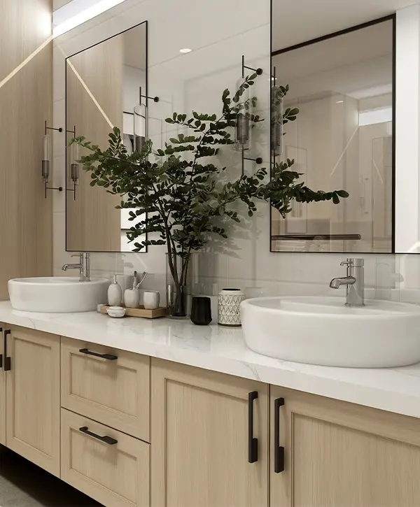 Beige vanity with two vessel sinks and a vase with a plant