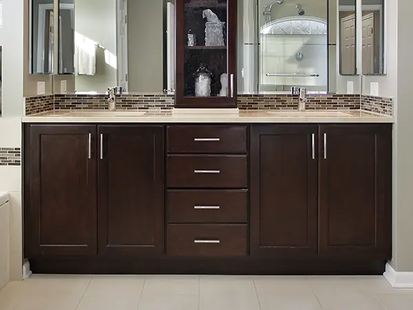 Brown vanity with silver hardware