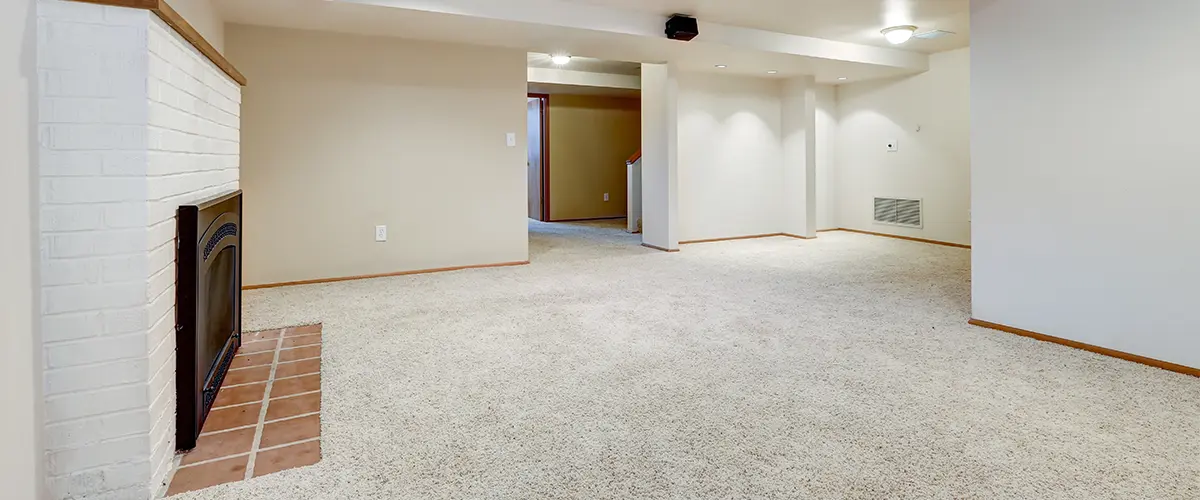 Basement remodeling with fireplace and carpet floor