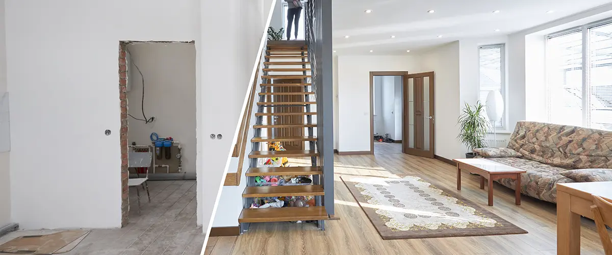 A home remodeling in Redmond, WA, with a set of stairs and wood flooring