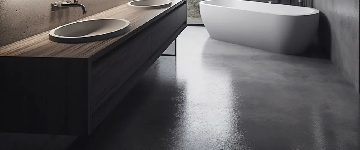 dark bathroom floor made from concrete