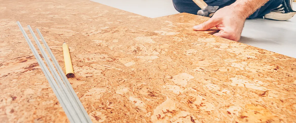 man installing cork flooring as bathroom flooring choice