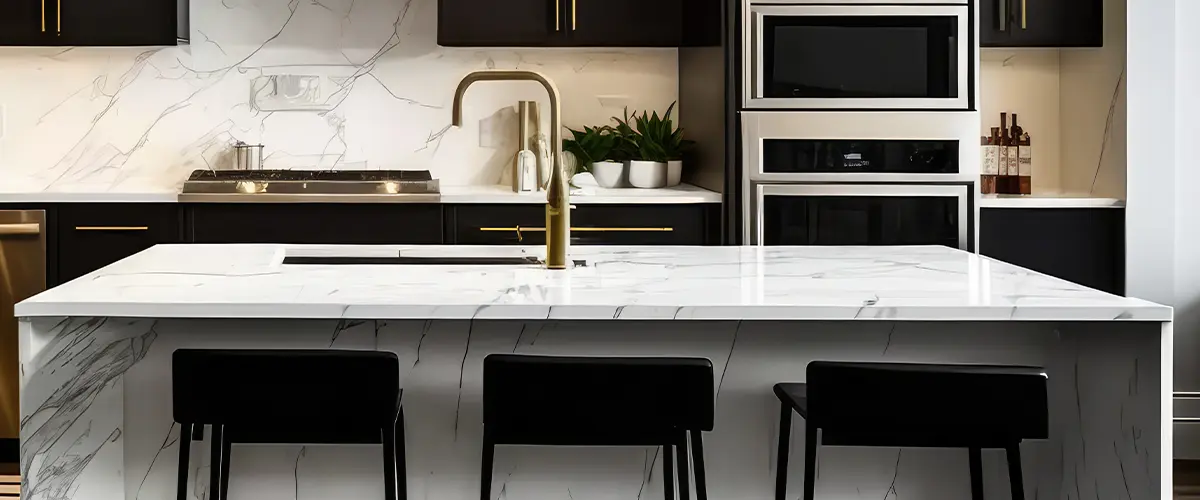 Waterfall quartz countertop on a kitchen island