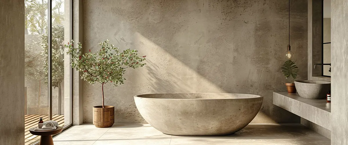 Minimalist bathroom interior with a standalone bathtub and natural light