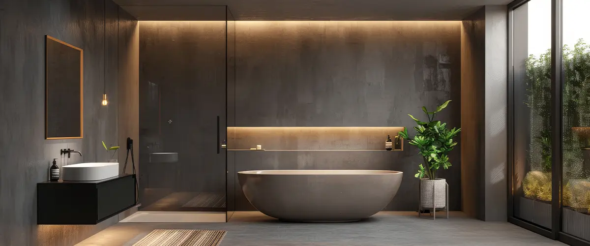 Modern bathroom with concrete bathtub highlighting Concrete Bathtub Pros & Cons