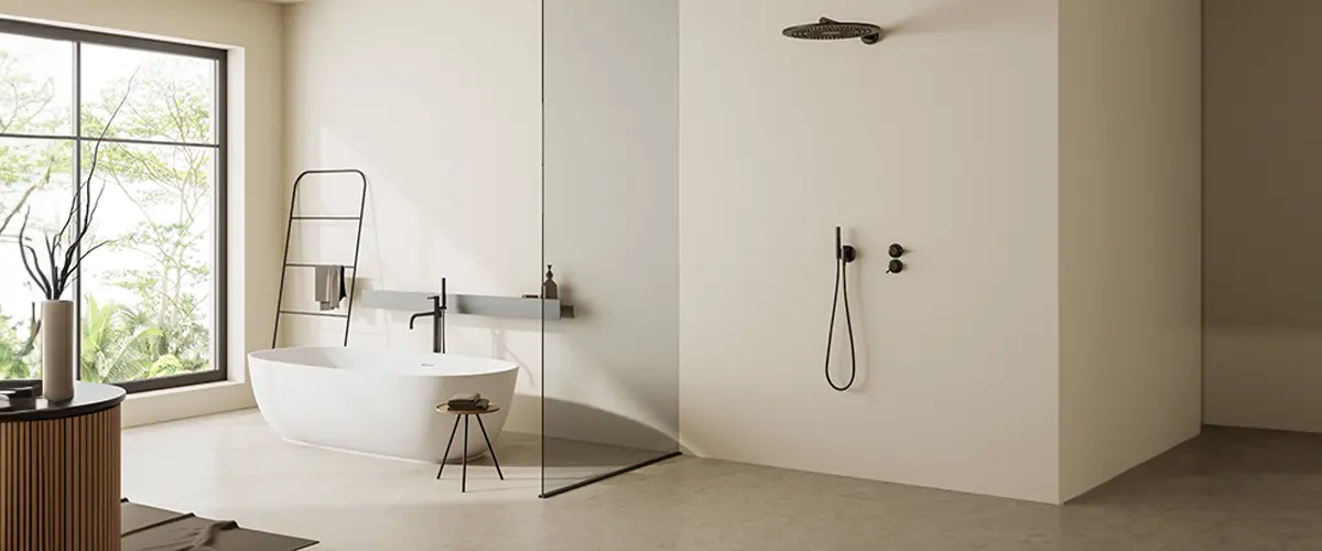 Minimalist-bathroom-with-a-freestanding-white-bathtub,-large-window,-and-walk-in-shower-with-concrete-shower-floor,-featuring-modern-black-fixtures