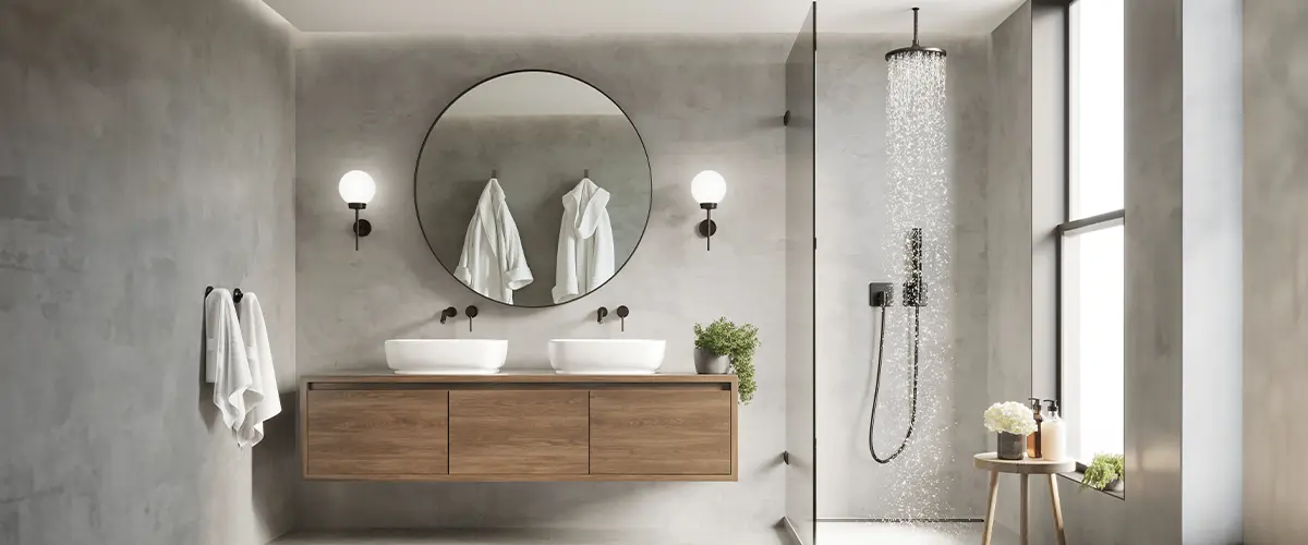 Modern bathroom with concrete shower floor and walls, double vanity with vessel sinks, round mirror, wall sconces, glass shower, and minimalist decor.