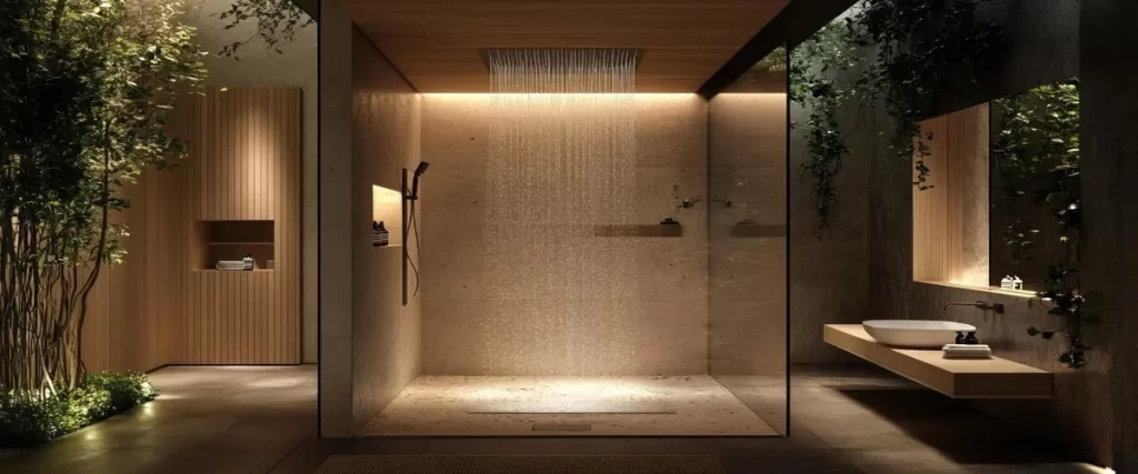 Luxurious open-concept shower with natural greenery, rainfall showerhead, and ambient lighting