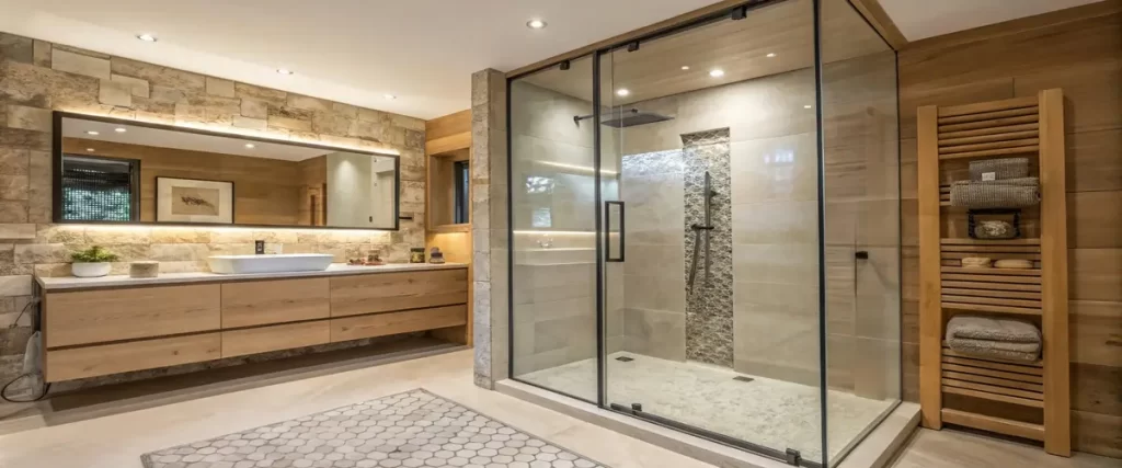 Modern rustic bathroom with glass-enclosed shower, stone walls, and wooden cabinetry