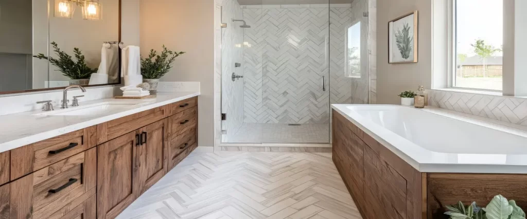 Rustic elegant bathroom with a wooden vanity, white marble countertops, herringbone tile shower, and built-in bathtub with natural light from a large window