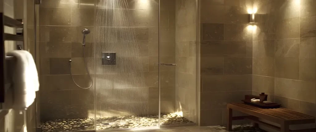 Spa-inspired shower with soft lighting, pebbled flooring, and a rainfall shower