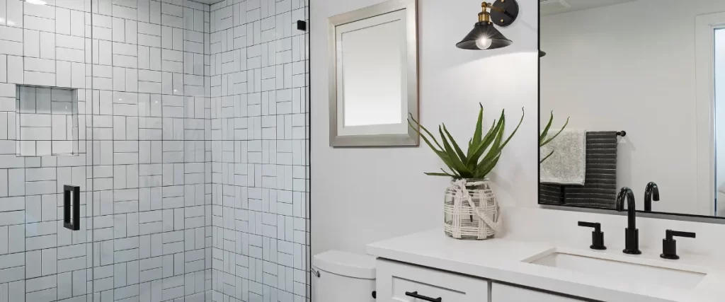 Minimalist bathroom with a white vanity, subway tile shower, and a decorative plant.