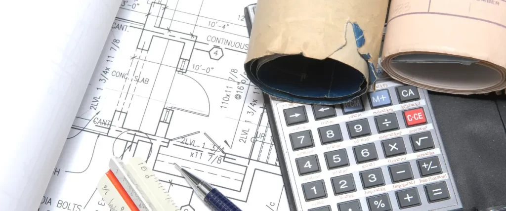 Construction blueprints, a rolled-up plan, a calculator, and a pen on a desk.