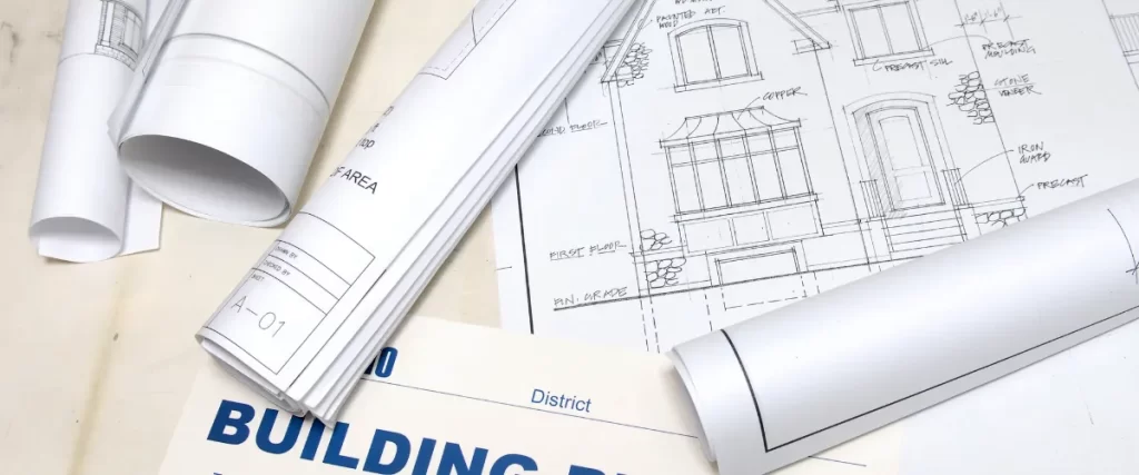 Close-up of a building permit document surrounded by construction blueprints and a measuring tape.