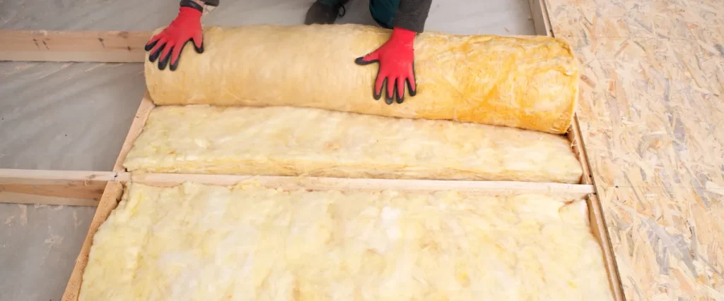 Two workers rolling out a large sheet of fiberglass insulation.