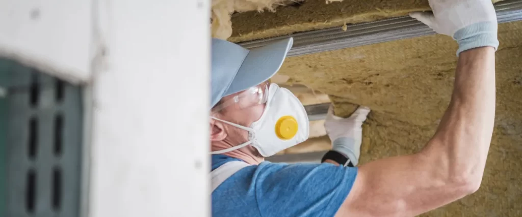 Construction worker wearing a dust mask and cap while working on drywall installation.