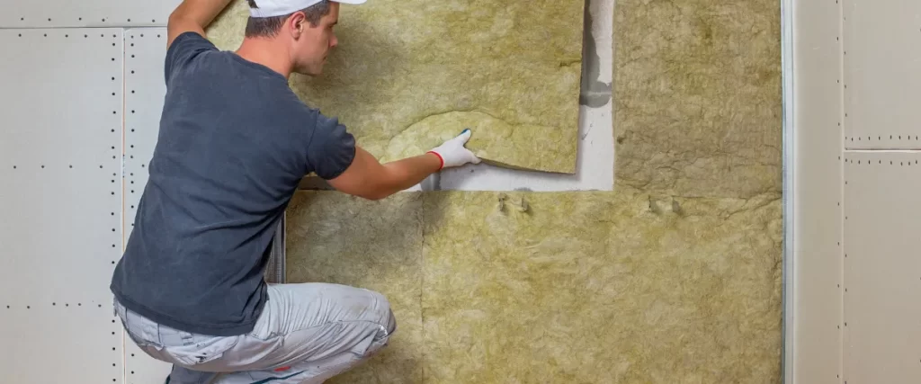 Worker applying insulation material to a wall while wearing protective gloves.