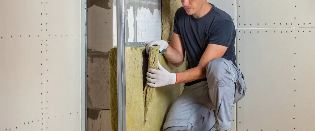 Construction worker placing mineral wool insulation between metal wall studs.