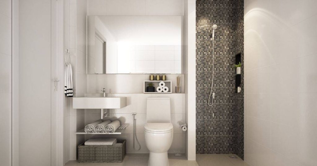 The same modern bathroom as the first image, shown from a slightly different angle.