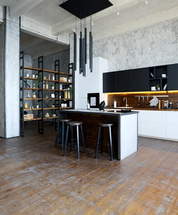 kitchen remodeling des moines wa industrial style kitchen with concrete walls wooden flooring modern cabinetry and pendant lighting