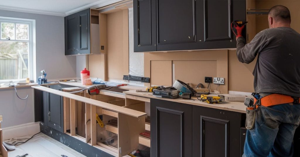 A professional contractor in a grey shirt and tool belt installing modern dark grey kitchen cabinets in a house under renovation.