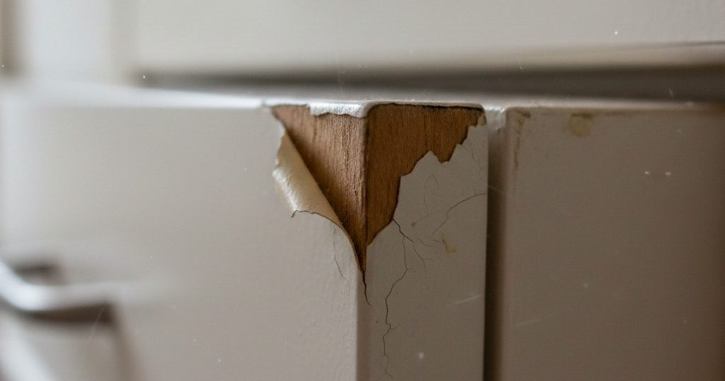 Detailed close up of kitchen cabinets peeling in Arizona heat showing wood substrate damage