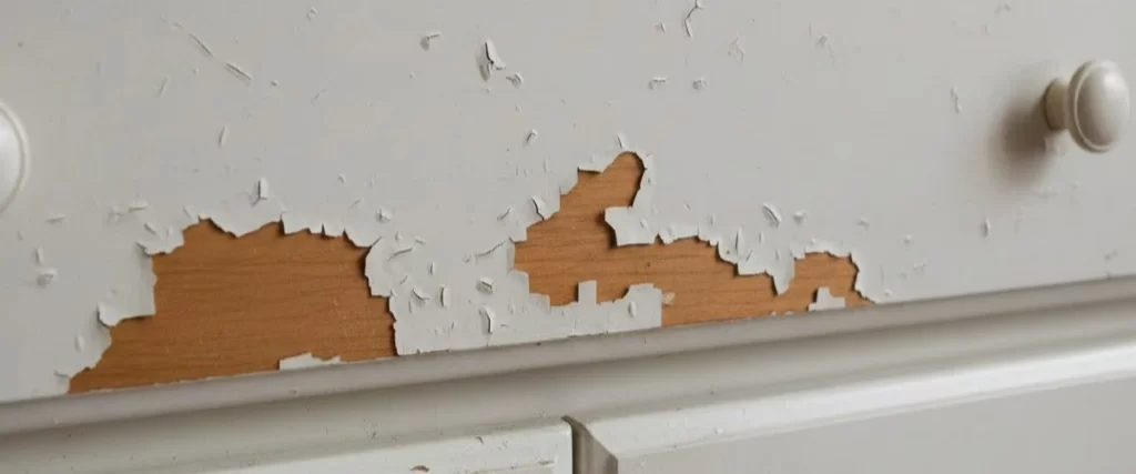 White kitchen drawer with extensive cabinets peeling and paint flaking off the surface