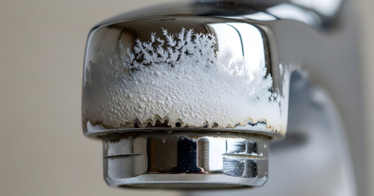 Close-up of extreme calcium and mineral crystal growth on a chrome faucet caused by hard water in Arizona.