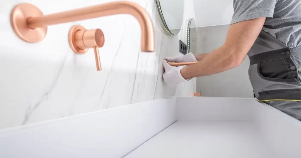 Contractor installing modern bathroom fixtures during luxury bathroom remodeling project