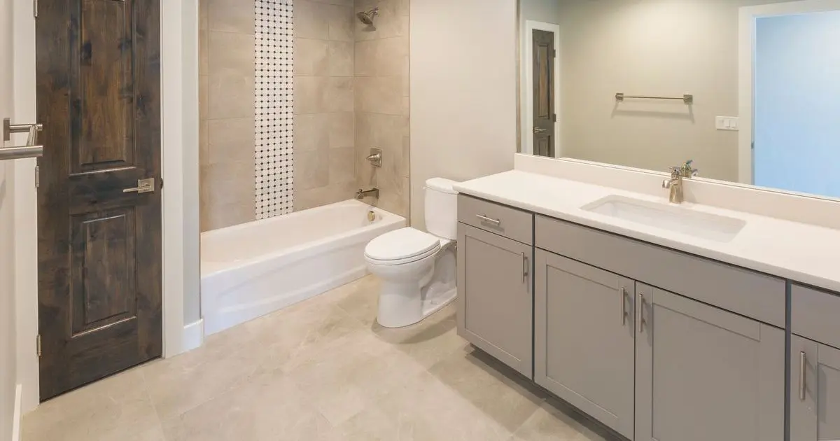 Modern bathroom remodel with double vanity, tiled tub surround, and custom gray cabinets